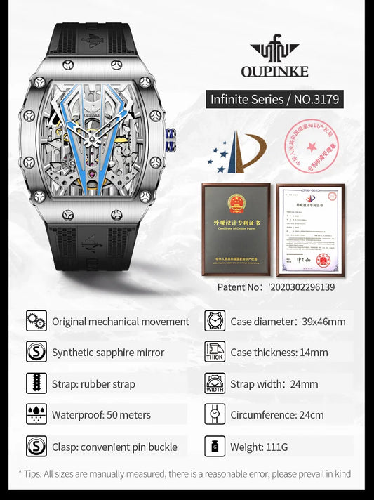 OUPINKE Mens Watches Luxury Brand Automatic Mechanical Wristwatch Fashion Skeleton Silicone Strap Sports Waterproof Watch Men