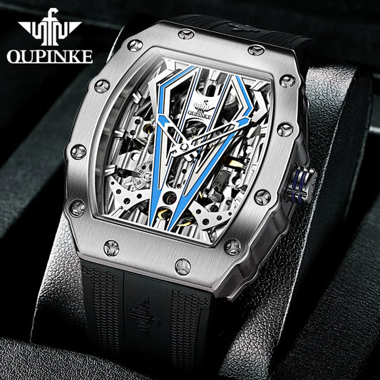 OUPINKE Mens Watches Luxury Brand Automatic Mechanical Wristwatch Fashion Skeleton Silicone Strap Sports Waterproof Watch Men