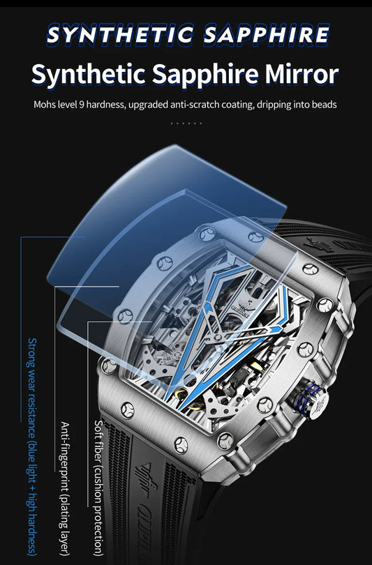 OUPINKE Mens Watches Luxury Brand Automatic Mechanical Wristwatch Fashion Skeleton Silicone Strap Sports Waterproof Watch Men