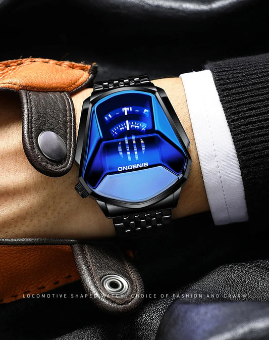 UTHAI Men Watch Trendy Motorcycle Concept Wristwatch Black Technology Watch Steel Waterproof Male Fashion Quartz Watches Has Box