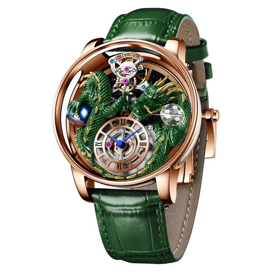 PINDU Design New 3D Dragon Earth Theme Quartz Watches Men Celestial Series Curved Mirror Transparent Design Watch Wristwatches