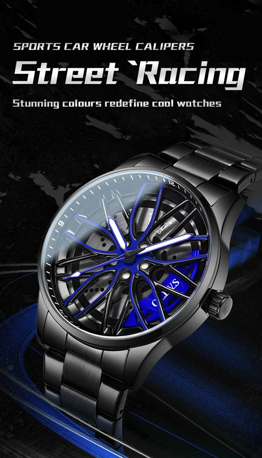 OLEVS Fashion 360° Rotary Dial Quartz Watch for Men Sport Car Rim Wheel Hub Waterproof Luminous Stainless Steel Men's Wristwatch