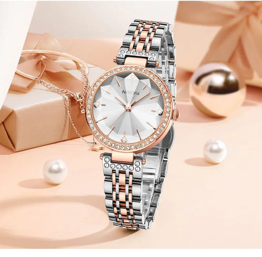 NIBOSI Simple Romantic Female Watch Rhinestone Dial Rhombus Stainless Steel Luxury Lady Quartz Wristwatches Relogio Feminino