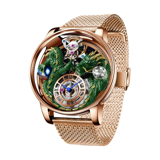 PINDU Design New 3D Dragon Earth Theme Quartz Watches Men Celestial Series Curved Mirror Transparent Design Watch Wristwatches