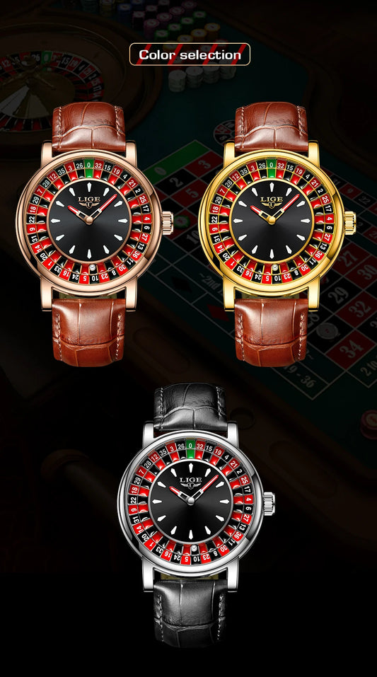 LIGE Quartz Man Watch Fashion Luxury Creative Roulette Game Dial Design Leather Casual Life Waterproof Watches for Men Gifts+Box