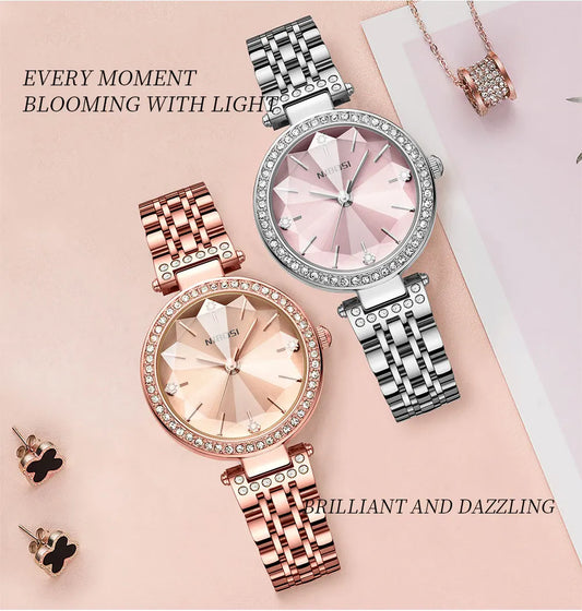NIBOSI Simple Romantic Female Watch Rhinestone Dial Rhombus Stainless Steel Luxury Lady Quartz Wristwatches Relogio Feminino
