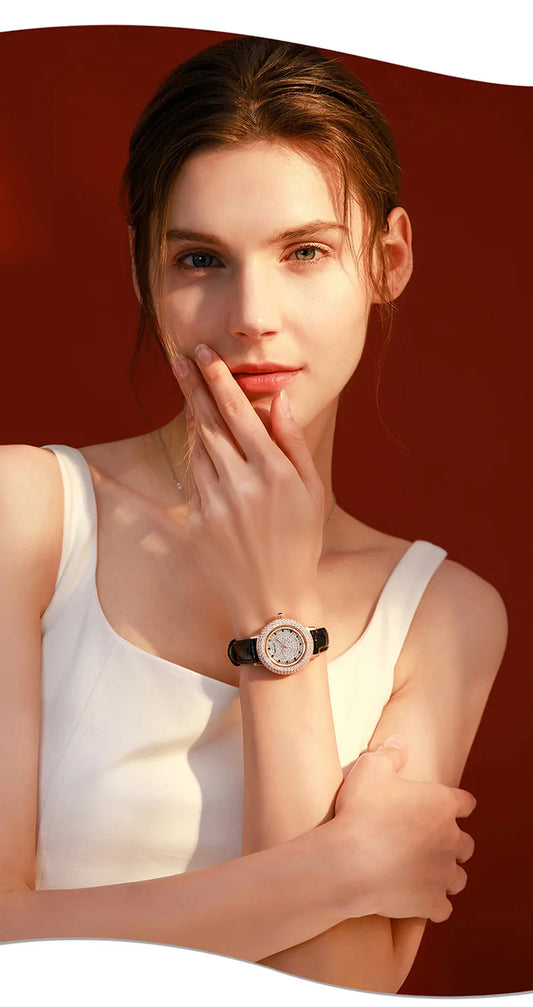UTHAI W43 New Women's Brand Quartz Watch Luxury Full Diamond Jewelry Crystal Gem Scale Waterproof Leather Band Ladies Watches