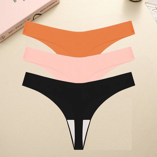 FINETOO 3PCS Seamless Thong Women Ice Silk T-back Intimate Solid Breathable Crotch Briefs Sexy Tanga Multiple 10 Color Lingerie