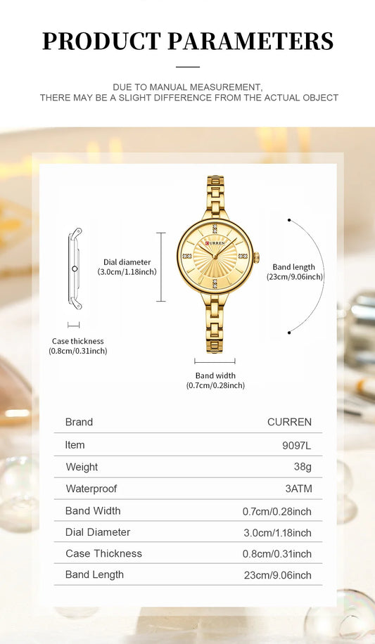 CURREN 9097 Women's Casual Quartz Watch Elegant Simple Design Waterproof Stainless Steel Strap Fashion Business Wristwatch Lady