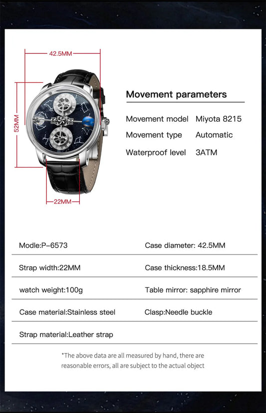 PINDU Watches New Mechanical Celestial Body Starry Twelve Constellations Sapphire Waterproof Men Leather Wristwatches 8215A Box