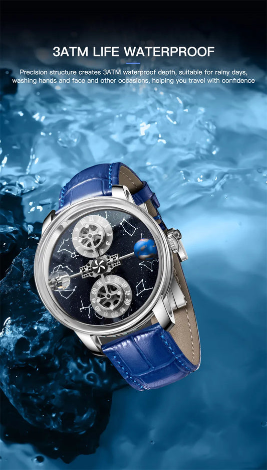 PINDU Watches New Mechanical Celestial Body Starry Twelve Constellations Sapphire Waterproof Men Leather Wristwatches 8215A Box