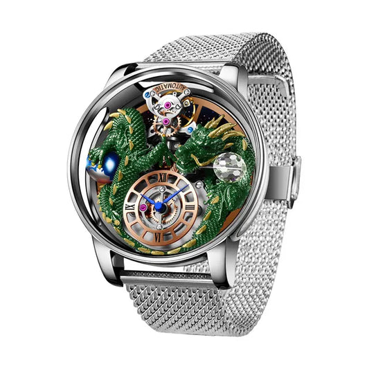 PINDU Design New 3D Dragon Earth Theme Quartz Watches Men Celestial Series Curved Mirror Transparent Design Watch Wristwatches
