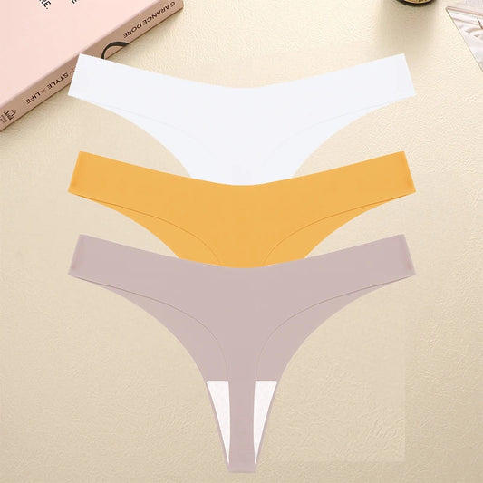 FINETOO 3PCS Seamless Thong Women Ice Silk T-back Intimate Solid Breathable Crotch Briefs Sexy Tanga Multiple 10 Color Lingerie