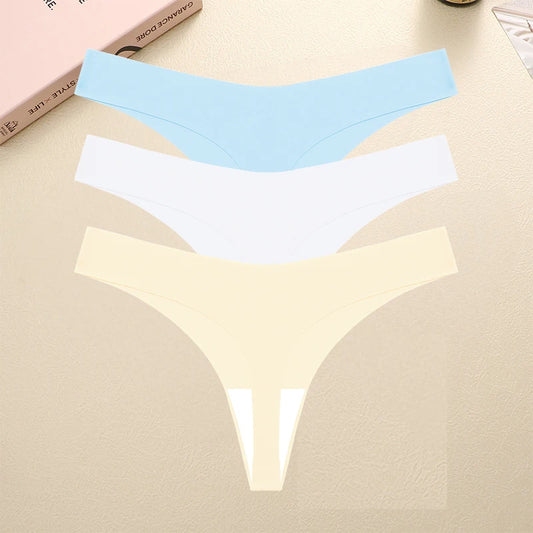 FINETOO 3PCS Seamless Thong Women Ice Silk T-back Intimate Solid Breathable Crotch Briefs Sexy Tanga Multiple 10 Color Lingerie