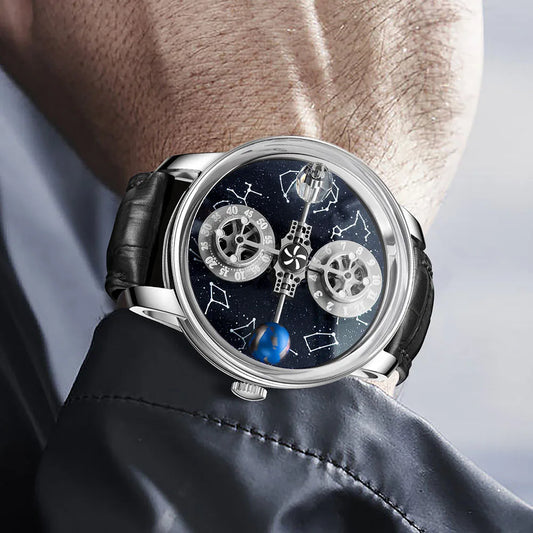 PINDU Watches New Mechanical Celestial Body Starry Twelve Constellations Sapphire Waterproof Men Leather Wristwatches 8215A Box