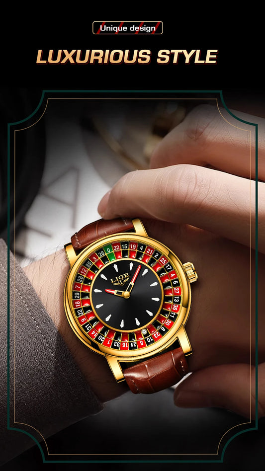 LIGE Quartz Man Watch Fashion Luxury Creative Roulette Game Dial Design Leather Casual Life Waterproof Watches for Men Gifts+Box