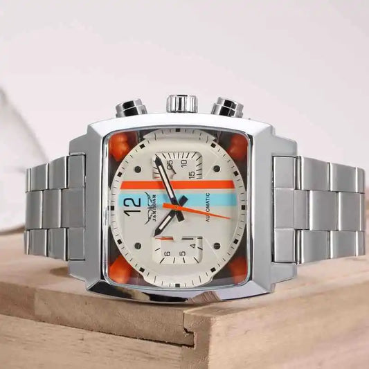 JARAGAR 569 Men's Mechanical Watch Fashion Design Square Dial Date Week Waterproof Steel Strap Leisure Wristwatch