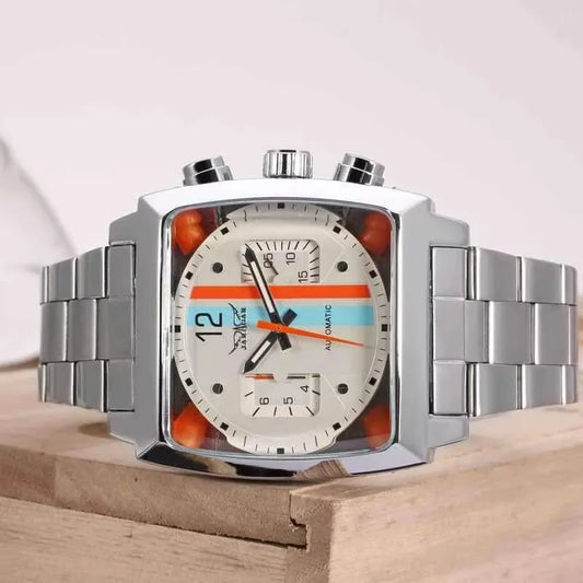 JARAGAR 569 Men's Mechanical Watch Fashion Design Square Dial Date Week Waterproof Steel Strap Leisure Wristwatch