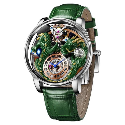 PINDU Design New 3D Dragon Earth Theme Quartz Watches Men Celestial Series Curved Mirror Transparent Design Watch Wristwatches