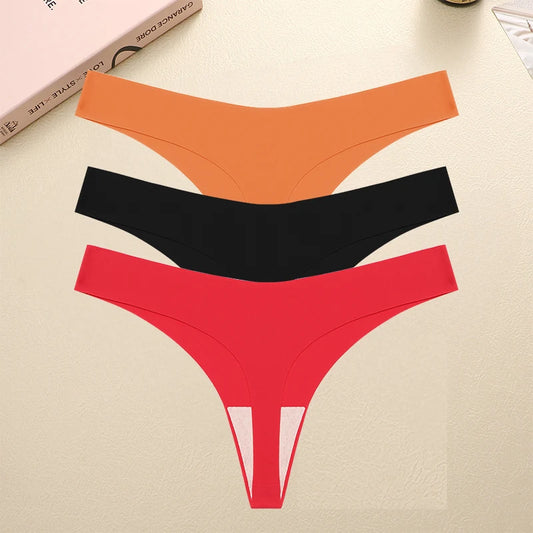 FINETOO 3PCS Seamless Thong Women Ice Silk T-back Intimate Solid Breathable Crotch Briefs Sexy Tanga Multiple 10 Color Lingerie