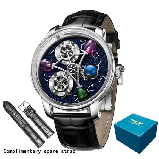 PINDU Watches New Mechanical Celestial Body Starry Twelve Constellations Sapphire Waterproof Men Leather Wristwatches 8215A Box