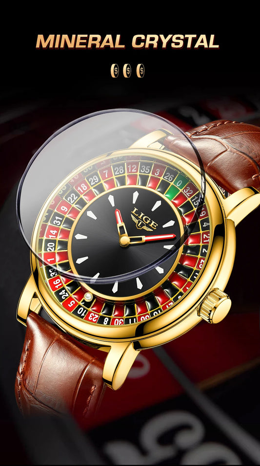 LIGE Quartz Man Watch Fashion Luxury Creative Roulette Game Dial Design Leather Casual Life Waterproof Watches for Men Gifts+Box