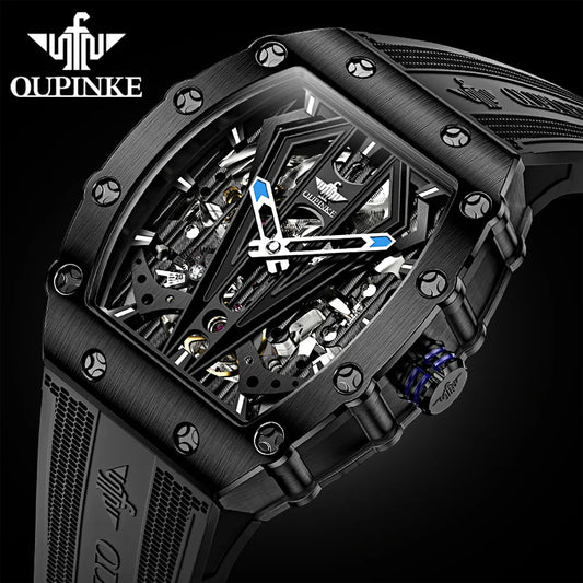 OUPINKE Mens Watches Luxury Brand Automatic Mechanical Wristwatch Fashion Skeleton Silicone Strap Sports Waterproof Watch Men