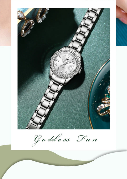 OLEVS Original Diamond Dial Quartz Watch for Women Fashion Elegant Ladies Watches Stainless Steel Waterproof Women's Wristwatch
