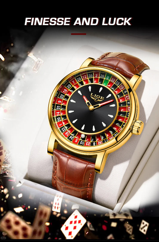 LIGE Quartz Man Watch Fashion Luxury Creative Roulette Game Dial Design Leather Casual Life Waterproof Watches for Men Gifts+Box