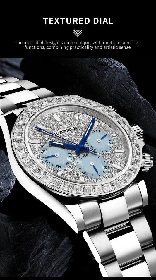 2024 HAEMMER New Men's Watch Luxury Automatic Watch Men's Stainless Steel Multi functional Mechanical Watch Diamond Waterproof