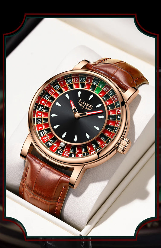 LIGE Quartz Man Watch Fashion Luxury Creative Roulette Game Dial Design Leather Casual Life Waterproof Watches for Men Gifts+Box