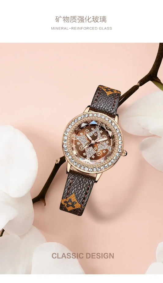 Leather Bands Women Watch Luxury Diamond Lucky Star Quartz Watch Fashion  3 Bar Waterproof Lady Clock