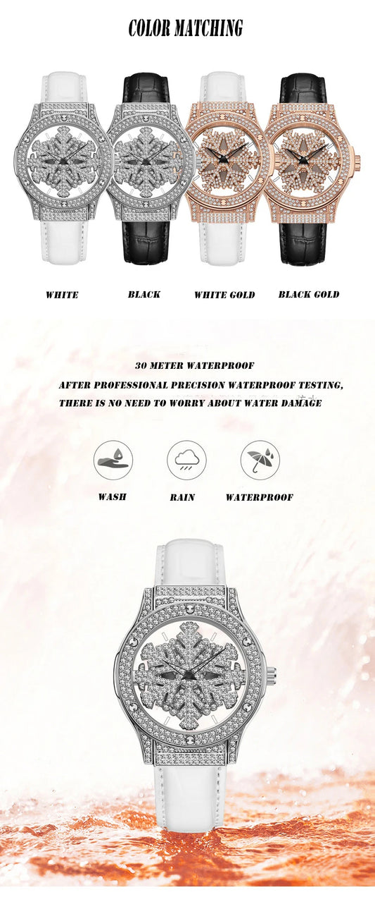 UTHAI L58 Watch For Women Light Luxury Leather Strap 360 Degrees Rotary Snowflake Hollow Diamond Ladies Watches Waterproof Clock
