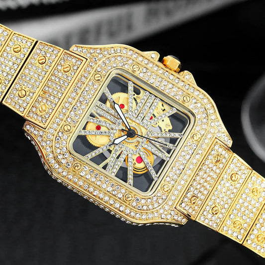 THAI W86 New 2024 Fashion Square Men's Watches Luxury Hollow Hip Hop Full Diamond Metal Waterproof Male Quartz Clock Watch Gift