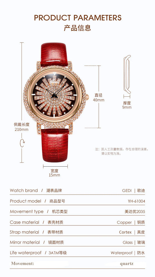 UTHAI Watch For Women Light Luxury Diamond Set 360 ° Running Clock Waterproof Genuine Leather Female's Fashion Quartz Watches