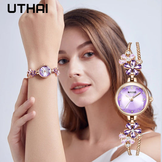 UTHAI W39 Women's Fashion Light Luxury Quartz Bracelet Watch Waterproof Premium Exquisite Violet Crystal Female's Watches Gift