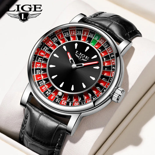LIGE Quartz Man Watch Fashion Luxury Creative Roulette Game Dial Design Leather Casual Life Waterproof Watches for Men Gifts+Box