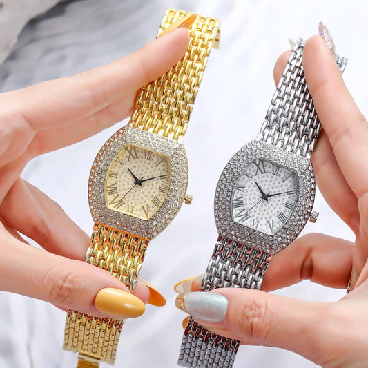 UTHAI H64 Women's Full Diamond Watch Temperament Gold Steel Band Barrel shaped Full Sky Star Vintage Fashion Quartz Wristwatches