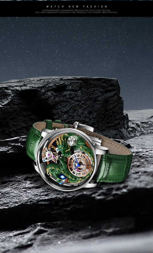 PINDU Design New 3D Dragon Earth Theme Quartz Watches Men Celestial Series Curved Mirror Transparent Design Watch Wristwatches