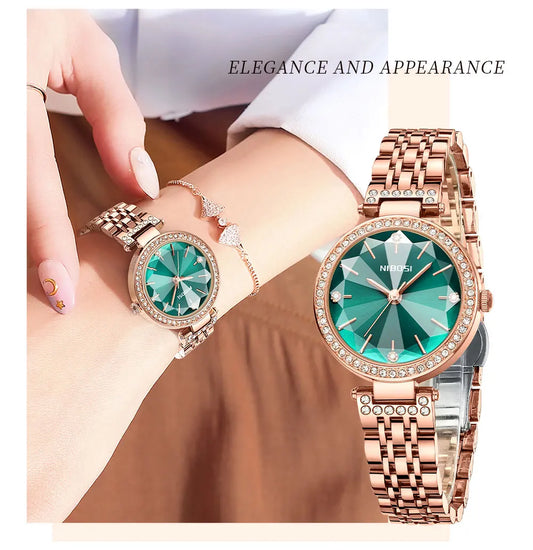 NIBOSI Simple Romantic Female Watch Rhinestone Dial Rhombus Stainless Steel Luxury Lady Quartz Wristwatches Relogio Feminino