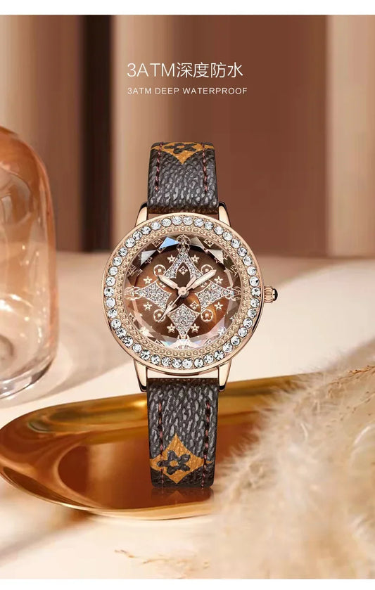 Leather Bands Women Watch Luxury Diamond Lucky Star Quartz Watch Fashion  3 Bar Waterproof Lady Clock