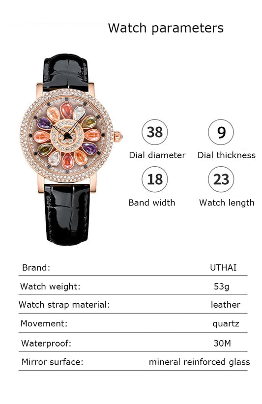 UTHAI Women's Fashion Quartz Watch 360 ° Time Comes and Turns Diamond Inlaid Dial Waterproof Female Creative Clock Wristwatches