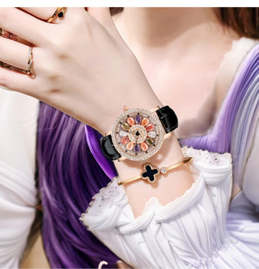 UTHAI Women's Fashion Quartz Watch 360 ° Time Comes and Turns Diamond Inlaid Dial Waterproof Female Creative Clock Wristwatches