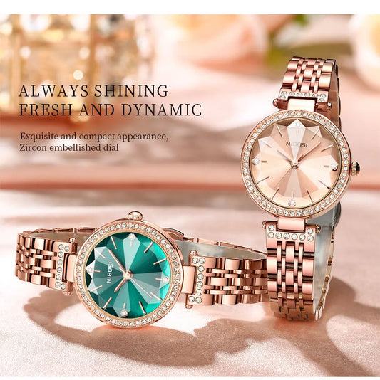 NIBOSI Simple Romantic Female Watch Rhinestone Dial Rhombus Stainless Steel Luxury Lady Quartz Wristwatches Relogio Feminino