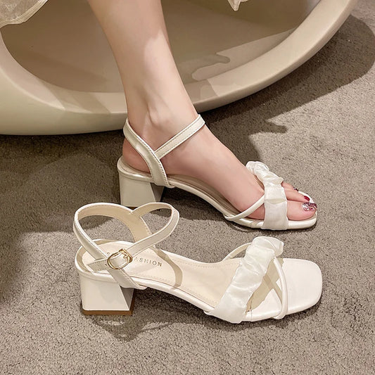 New Summer Style Casual Simple Solid Color Square Toe Open Toe Buckle Strap Square Heel Medium Heel Fashion Sandals