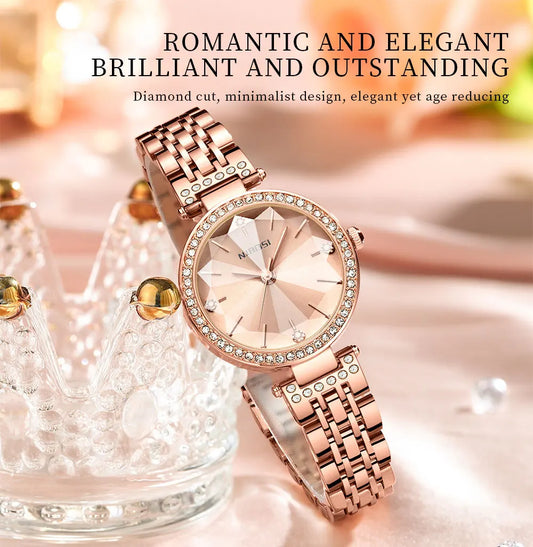 NIBOSI Simple Romantic Female Watch Rhinestone Dial Rhombus Stainless Steel Luxury Lady Quartz Wristwatches Relogio Feminino