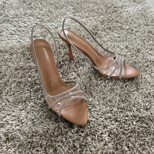 2025 Women Summer Rhinestone Slingback Pumps Office Lady Transparent Heeled Sandals Elegant Pointed Toe Female Sexy High Heels