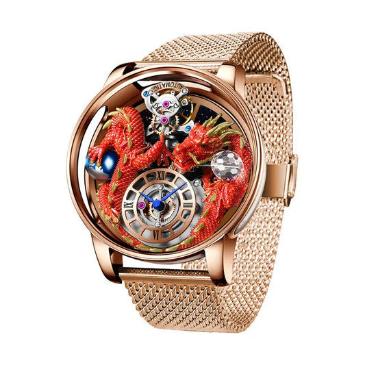 PINDU Design New 3D Dragon Earth Theme Quartz Watches Men Celestial Series Curved Mirror Transparent Design Watch Wristwatches