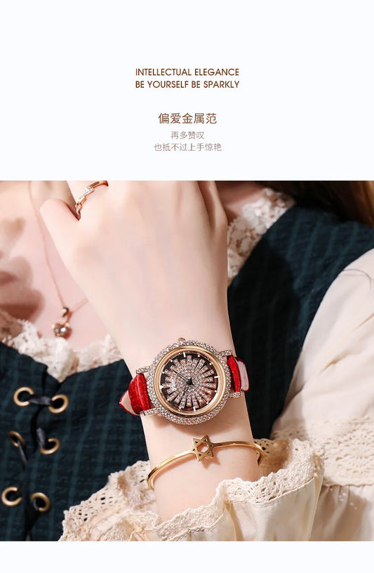 UTHAI Watch For Women Light Luxury Diamond Set 360 ° Running Clock Waterproof Genuine Leather Female's Fashion Quartz Watches