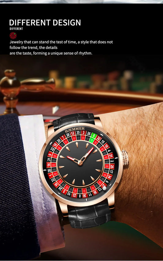 HAEMMER High end Design New Mechanical Watch NH35 Rotating Dial Las Vegas Roulette Desktop Theme Men's Diamond Luminous Watch
